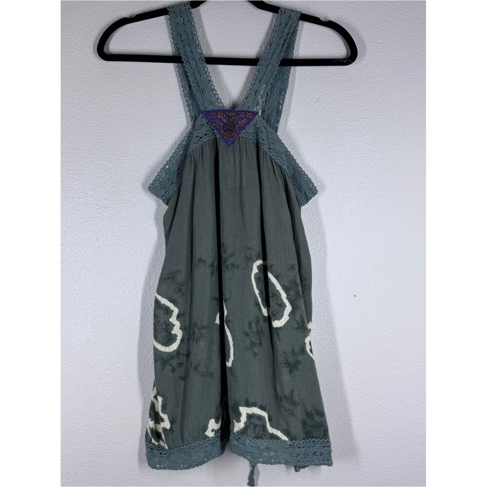Free People Vintage Tie Dye Tank Top Green Crochet Trim Beaded Linen Size 8